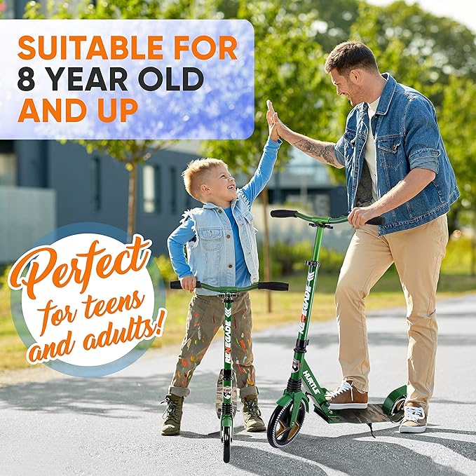 Hurtle Renegade Kick Scooter for Kids, Teenagers & Adults - 2-Wheel Folding Scooter with Adjustable T-Bar Handlebar - Alloy Anti-Slip Deck