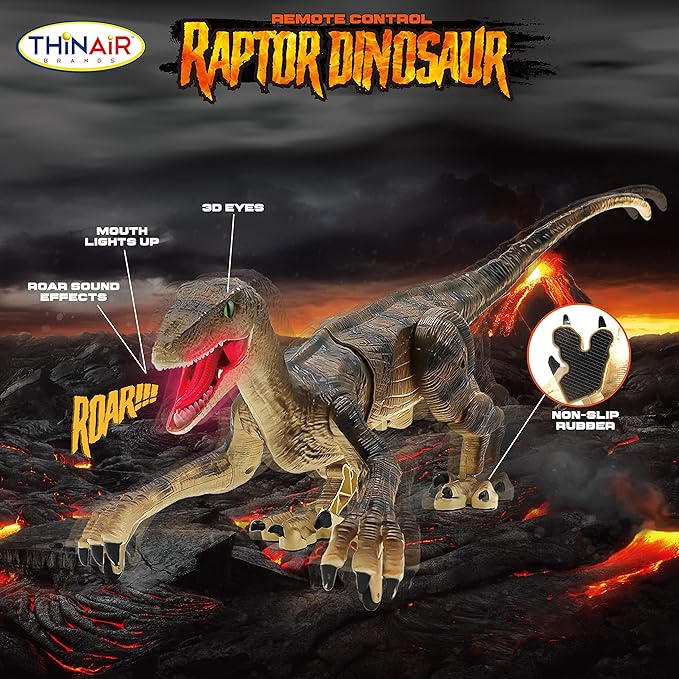 RC Dinosaur Toy: 18-Inch Velociraptor Lights Up, Roars, Walks Forward, Back, Left & Right, Has Built-in Rechargeable Battery for 1 Full Hour of Play, Includes Controller & USB Cable
