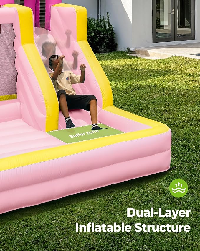 Inflatable Bounce House, Large Bouncy Castle for Kids with Slide, Outdoor & Indoor, 450W Blower - Pink
