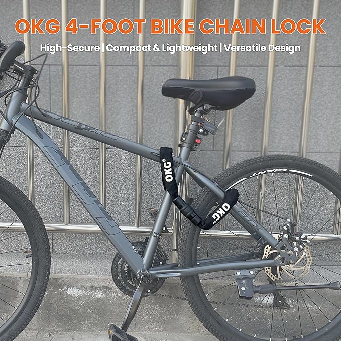 OKG Bike Chain Lock - 4 Foot, 1/4 inch Thick Square Cut Proof Chain, Hardened Alloy Steel Anti Theft Chain Lock for Bike, ATV, Scooter, Trailer, Moped, Grill, Gate Fence