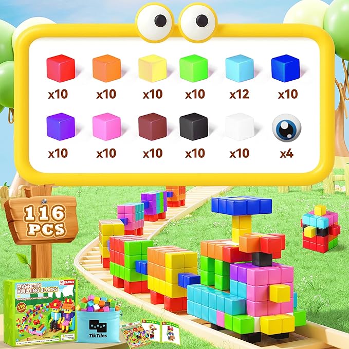 116PCS Magnetic Blocks with Magnet Eyes Toy, Magnetic Building Blocks with Storage Bag for Kids Gifts, STEM Preschool Sensory Magnetic Cubes for Toodlers Boys Girls Ages 3 4 5 6 7 8, Bright Color