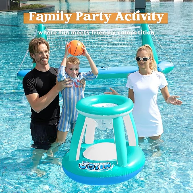 JOYIN XL Inflatable Pool Float Set, 125'' Volleyball Net & Basketball Hoops, Extra Large Floating Swimming Game Toy for Kids and Adults, Summer Floaties, Volleyball Court|Basketball, XL-Blue, Cyan