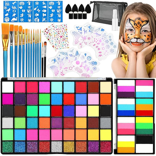 54 Colors Face Painting Kit for Kids,18 Colors Split Cake Water Activated Face Paint Palette, Body Paint for Adults, Non Toxic Makeup Professional for Halloween,Christmas,Cosplay,Parties, Birthdays