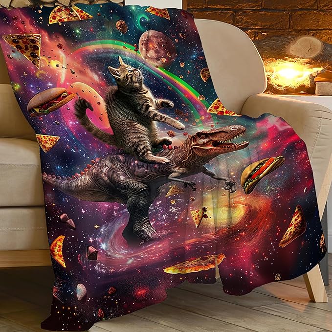 Dinosaur Cat Throw Blanket Funny Hamburger Pizza Dinosaur Cat Stuff Gifts for Kids Girls Boys Adults Women Man Soft Cozy Warm Plush Fluffy Fuzzy Fleece Blanket Decorr 60''X80''