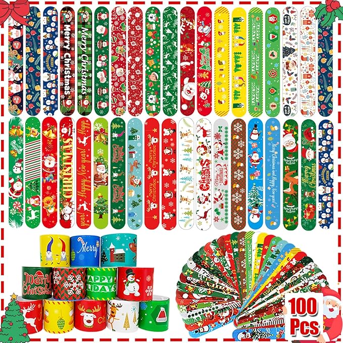 100Pcs Christmas Slap Bracelets Bulk, Christmas Toys Party Favors Fidget Toys, Xmas Snap Wristbands for Kids Xmas Gifts, Goodies Stocking Stuffers, Classroom Prizes for Boys Girls