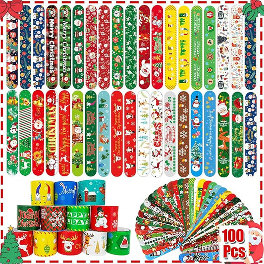 100Pcs Christmas Slap Bracelets Bulk, Christmas Toys Party Favors Fidget Toys, Xmas Snap Wristbands for Kids Xmas Gifts, Goodies Stocking Stuffers, Classroom Prizes for Boys Girls