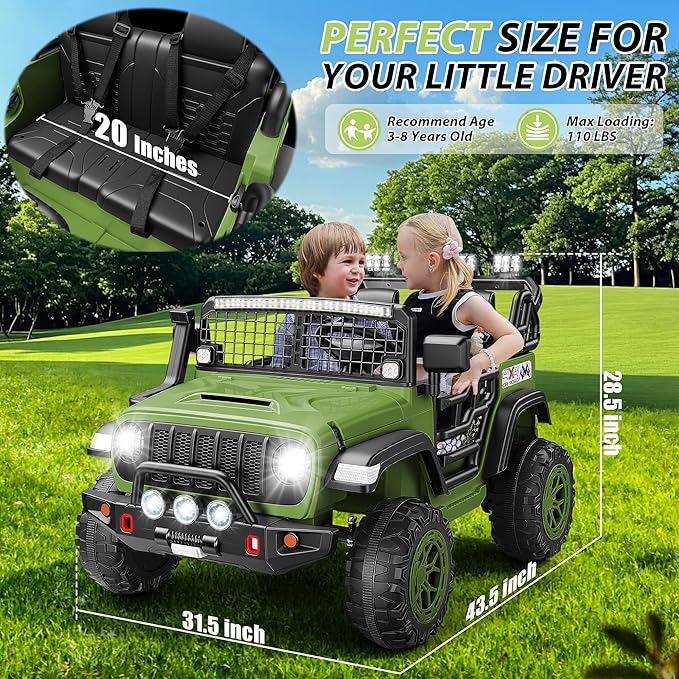 Hikole 24V 2 Seater Electric Ride on Toys Car for Kids 4-8, Remote Control, 2X200W Powered Wheels, 20'' Wide Seats, Sping Suspension, Bluetooth & Music, 110LBS MAX Load, LED Lights, 3 Speeds, Green