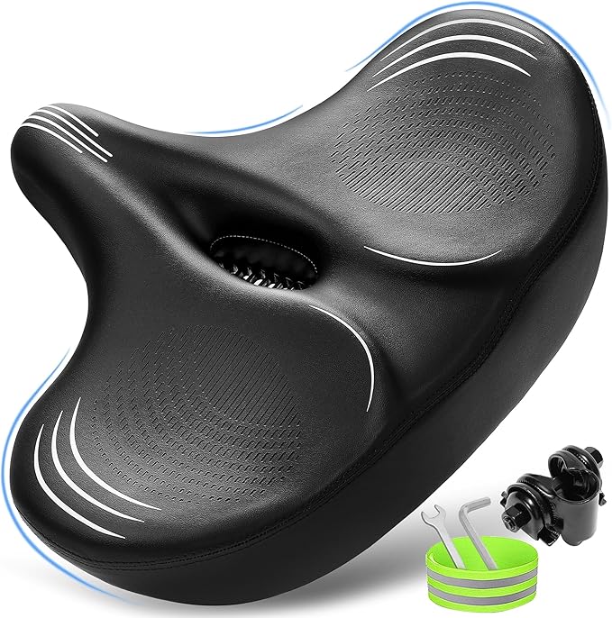 Oversized Bike Seat for Men & Women Comfort, Extra Wide Bicycle Seat Cushion, Comfortable Wing Padded, Large Replacement Saddle for Peloton, Stationary Exercise Bike, Ebike, Cruiser, City Bike