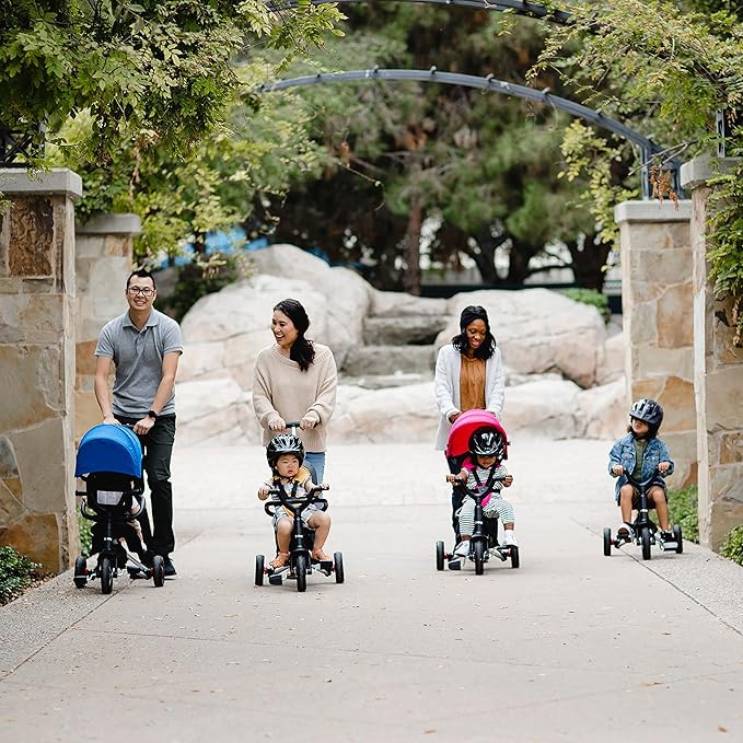 Joovy Tricycoo UL Kids Tricycle with 8 Stages Featuring 3 Rubber Tires, Removable and Adjustable Parent Handle, Safety Harness, 3-Position Recline Seat, and Retractable Canopy, Blueness