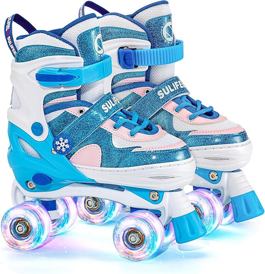 SULIFEEL Rainbow Unicorn 4 Size Adjustable Light up Roller Skates for Girls Boys for Kids