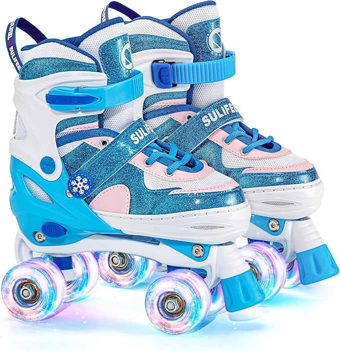SULIFEEL Rainbow Unicorn 4 Size Adjustable Light up Roller Skates for Girls Boys for Kids