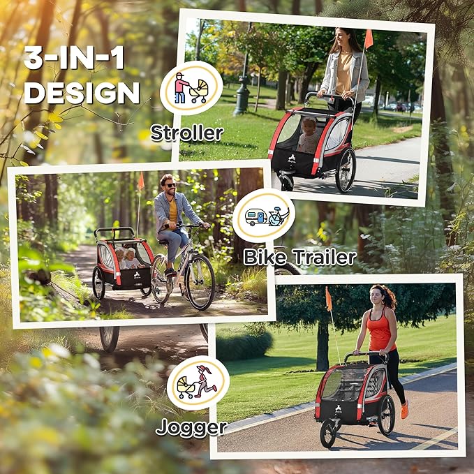 Aosom 3-in-1 Walk/Jog/Ride Child Baby Bike Trailer for Kids 2 Seater, High-Visibility Bike Stroller for Toddler Wagon, Weather-Strong Double Bicycle Trailer Accessory for Kids