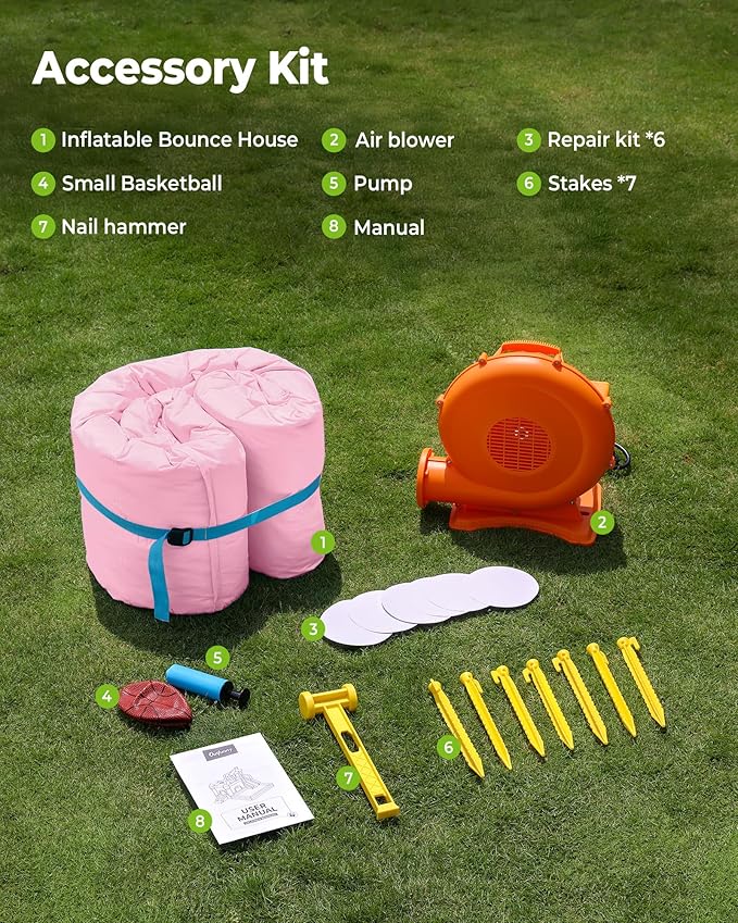 Inflatable Bounce House, Large Bouncy Castle for Kids with Slide, Outdoor & Indoor, 450W Blower - Pink