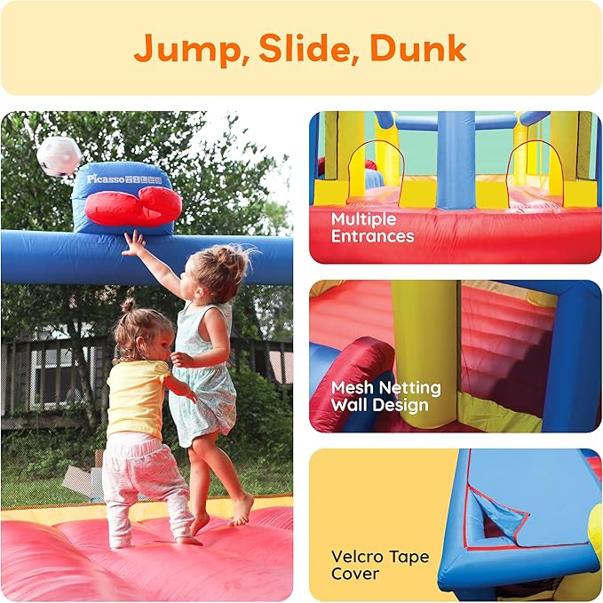 [Upgrade Version] PicassoTiles KC102 12x10 Foot Inflatable Bouncer Jumping Bouncing House, Jump Slide, Dunk Playhouse w/Basketball Rim, 4 Sports Balls, Full-Size Entry, 580W ETL Certified Blower