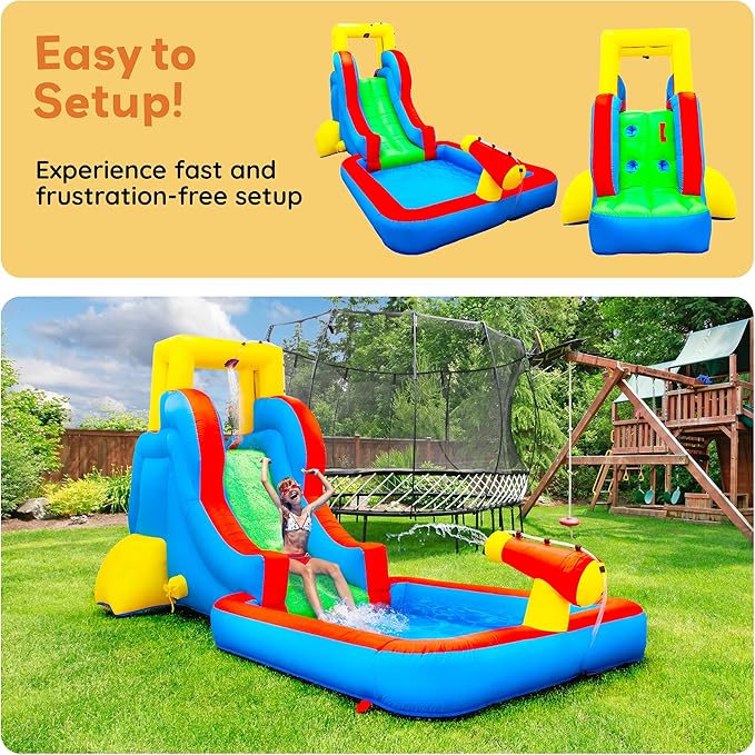 PicassoTiles KC108 Water Slide Park Inflatable Bouncing House w/Pool Area (Splash Zone), Climbing Wall, Shower Head Sprays Mounts, Water Cannon Mount and Heavy Duty GFCI ETL Certified 385W Blower