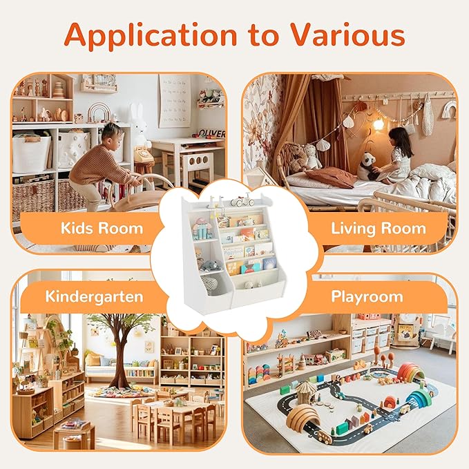 FKWin White Kids Bookshelf with 4 Layer Sling Bookcase,Deer Design Toddler Book Shelf for Kids Rooms Montessori Toy Storage with Adjustable Shelves