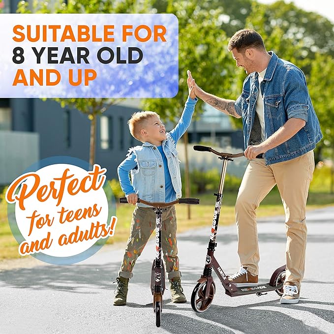 Hurtle Renegade Kick Scooter for Kids, Teenagers & Adults - 2-Wheel Folding Scooter with Adjustable T-Bar Handlebar - Alloy Anti-Slip Deck