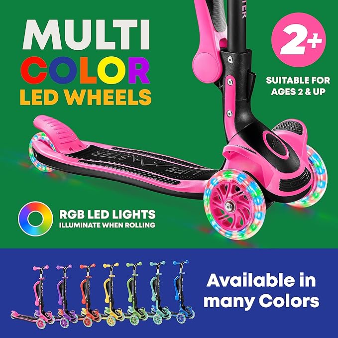 Kids Scooter – Foldable Seat – LED Wheel Lights Illuminate When Rolling – Children and Toddler 3 Wheel Kick Scooter – Adjustable Handlebar – Indoor and Outdoor- by Lifemaster
