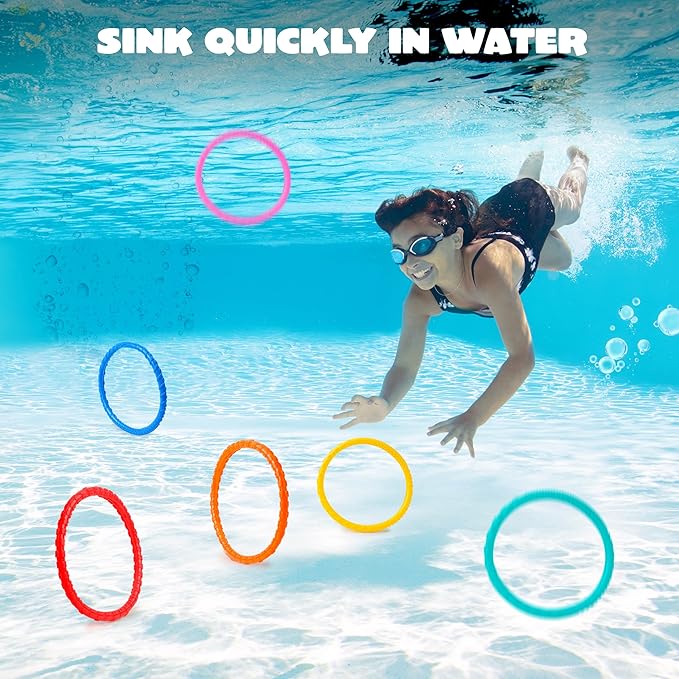 JOYIN Dive Circles Pool Toys, 8 Pcs Colorful Pool Rings for Kids, Underwater Training Swimming Diving Toy for Kids Gifts Summer Swim Water Fun Games