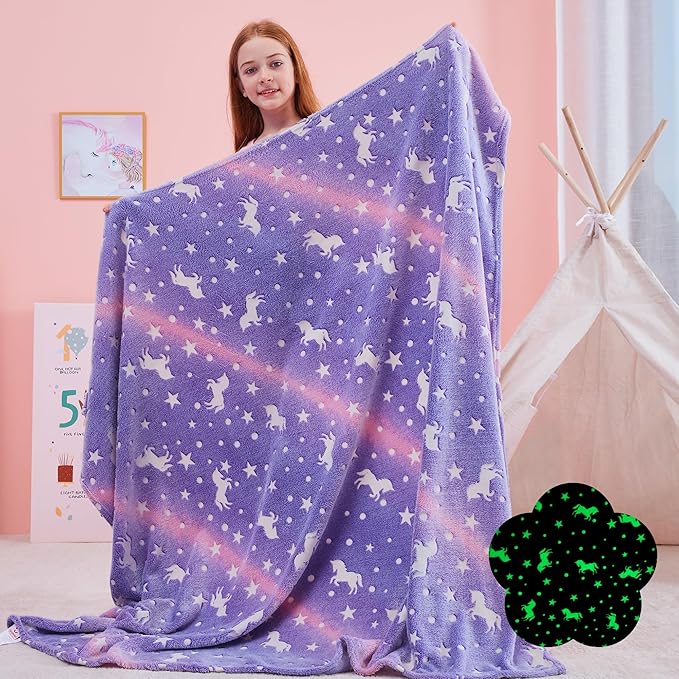 QSTEHEML Unicorns Glow in The Dark Blanket for Girls,Unicorn Gifts for Girls Age 3 4 5 6 7 8 9 10 11 12 Year Old, Soft Unicorns Purple Blanket - Christmas Birthday Bedroom Decor 50"×60"