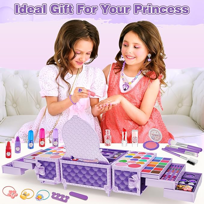 99 Pcs Kids Makeup Kit for Girls, Princess Toys Real Washable Cosmetics Set with Mirror, Hair Ties, Nails, Rings, Earrings, Necklace, Perfect for 3 4 5 6 7 8 Year Old Girls Birthday