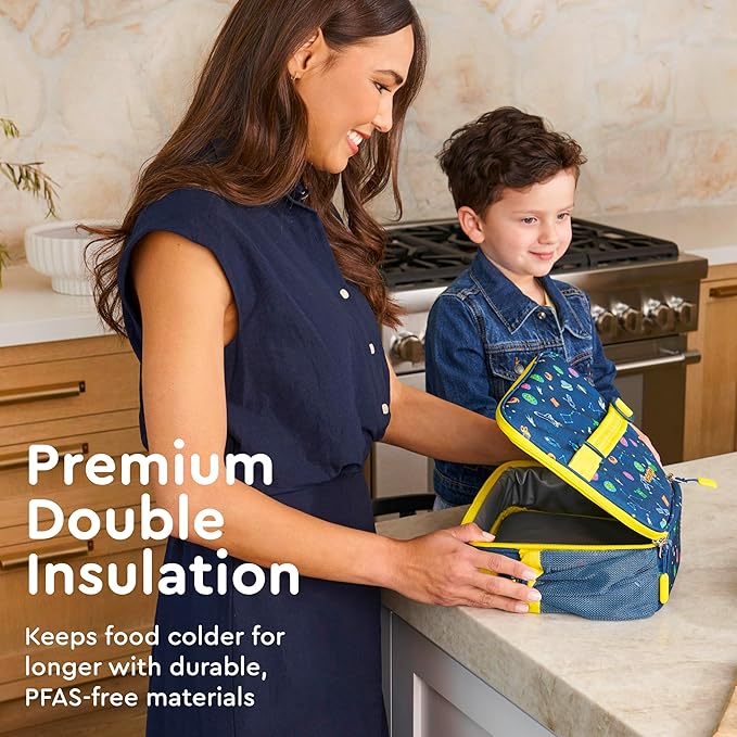 Bentgo Kids Lunch Bag - Durable, Double-Insulated Lunch Bag for Kids 3+; Holds Lunch Box, Water Bottle, & Snacks; Easy-Clean Water-Resistant Fabric & Multiple Zippered Pockets (Space)