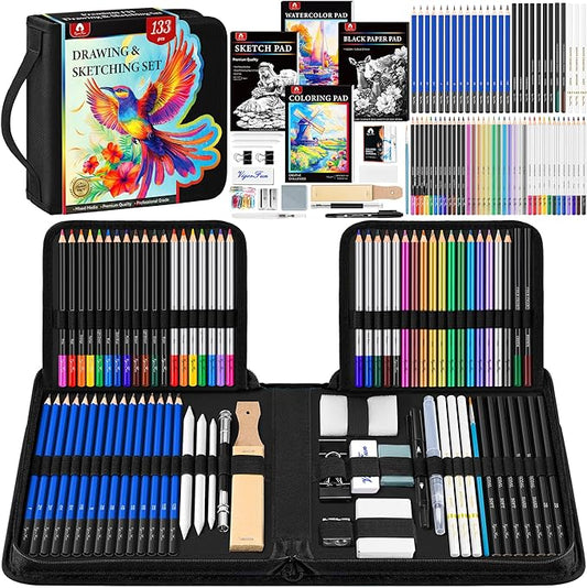 133 PCS Art Supplies Sketching Kit, Pro Drawing Pencils with Sketchbook, Coloring Book, Watercolor Pad, Black Paper Pad, Colored Graphite Charcoal Watercolor & Metallic Pencils for Artists Adults Kids