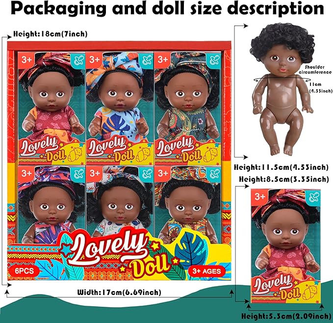 6 Pack 4 Inch African Girl Dolls Set - Black Mini Dolls with Colorful Outfits & Hairbands – Gift for Girls 3-6, 6-12 Educational Toys & Decorative Figures