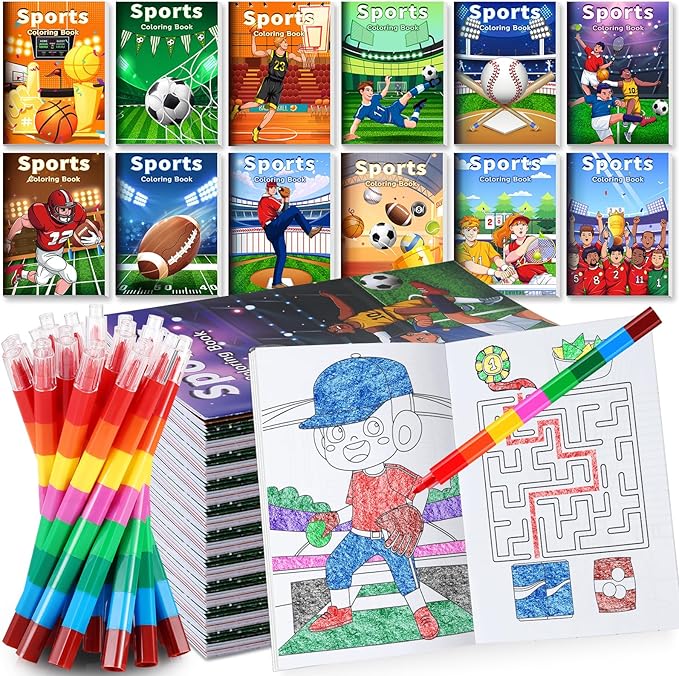 BenLouis 12 Sports Mini Coloring Books Kids with 12 Stacking Crayons Sports Themed Party Favors Small Activity Books Bulk for Kids Sports Birthday Party Gift Goodie Bag Stuffers
