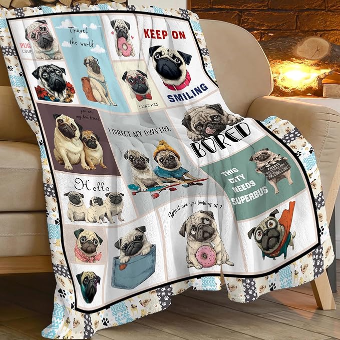Pug Throw Blanket Pug Puppy Stuff Gifts for Dog Lover Kids Girls Boys Adults Women Men Soft Cozy Warm Plush Fluffy Fuzzy Fleece Blanket Decor 40''X50''