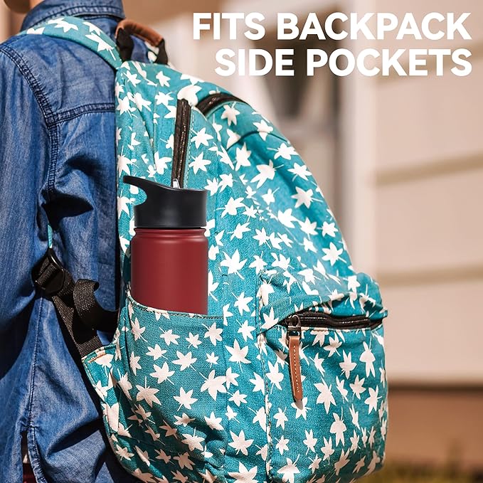 16 oz Insulated Water Bottle Bulk 4 Pack, Straw & Spout Lid, Keep Cold 24H, Spill Proof, BPA-Free, Double Wall, Stainless Steel Kids Water Bottles for School, Sports, Red