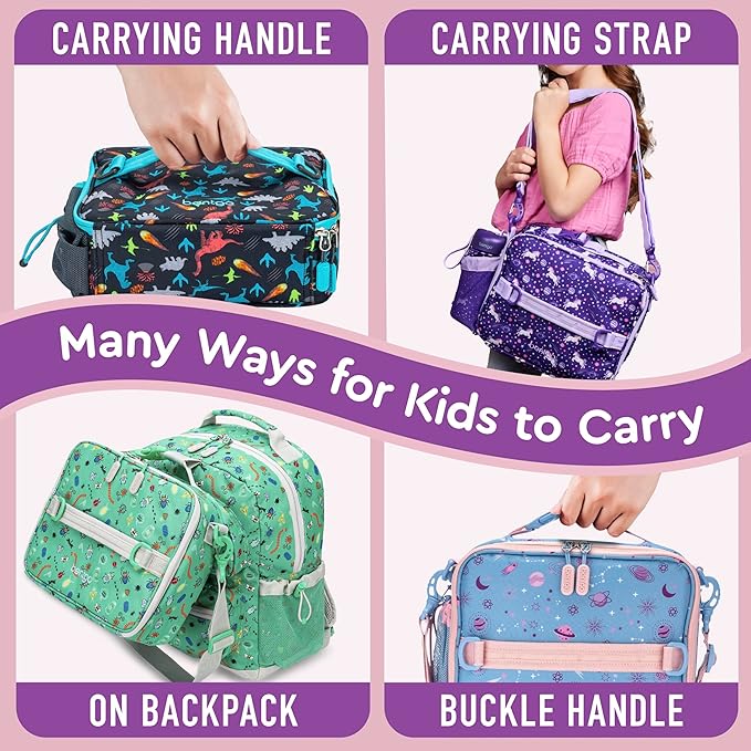 Bentgo Kids Lunch Bag - Durable, Double-Insulated Lunch Bag for Kids 3+; Holds Lunch Box, Water Bottle, & Snacks; Easy-Clean Water-Resistant Fabric & Multiple Zippered Pockets (Lavender Galaxy)