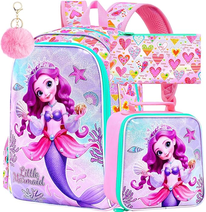 CCJPX 16" Mermaid Backpack for Girls, 3Pcs Kids Bookbag with Lunch Box, Water Resistant Elementary School Bag for Kindergarten Preschool Toddler (Pink)