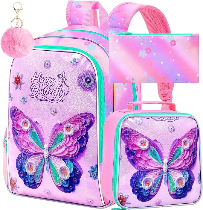 CCJPX 3Pcs Butterfly Backpack, 16” Kids Girls Bookbag with Lunch Box, Water Resistant Elementary School Bag for Kindergarten Preschool Toddler (Pink)