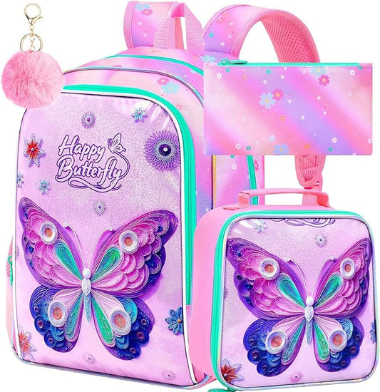 CCJPX 3Pcs Butterfly Backpack, 16” Kids Girls Bookbag with Lunch Box, Water Resistant Elementary School Bag for Kindergarten Preschool Toddler (Pink)