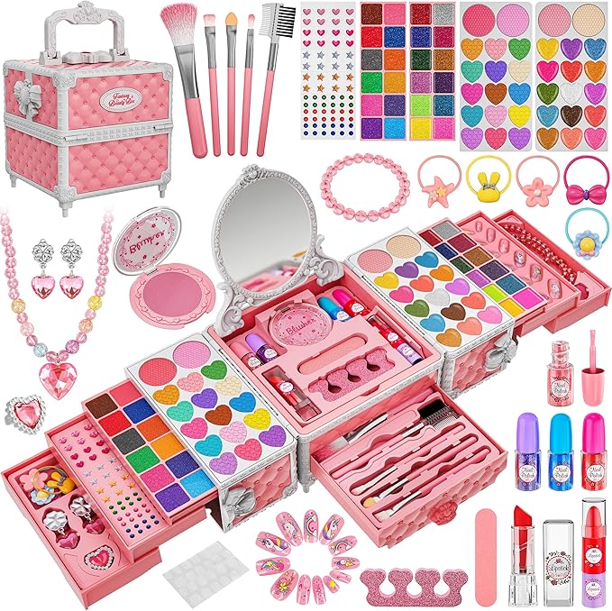 99 Pcs Kids Makeup Kit for Girls, Princess Toys Real Washable Cosmetics Set with Mirror, Hair Ties, Nails, Rings, Earrings, Necklace, Perfect for 3 4 5 6 7 8 Year Old Girls Birthday