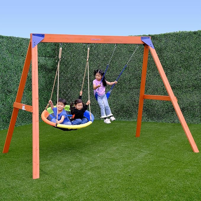 Sportspower™ Wildwood Wooden Swing Set: 2 Height Adjustable Swings and 40" Saucer Swing, Backyard Outdoor Playset for Kids