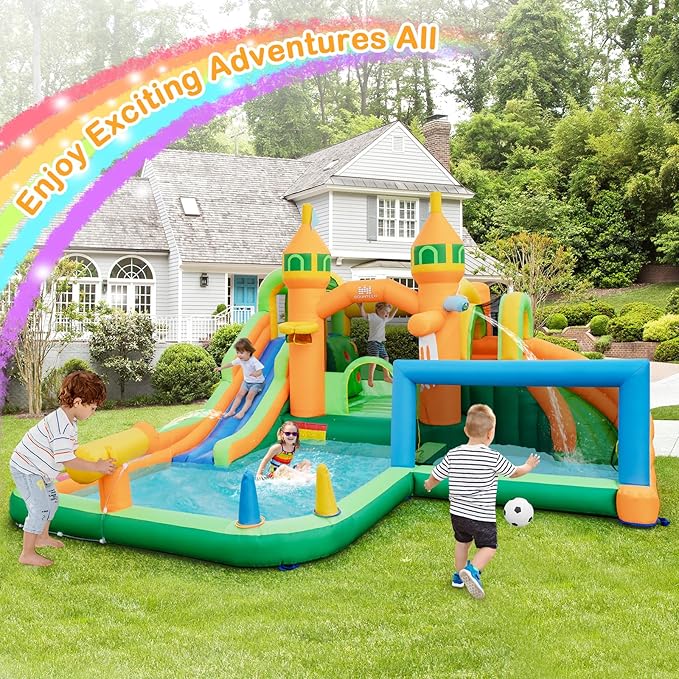 BOUNTECH Inflatable Water Slide, 9 in 1 Dual Slides Kids Water Park Jump Castle Water Soccer, Splash Pool, Water Slides Inflatables for Outdoor, Backyard Water Slide Bounce House with GFCI Blower