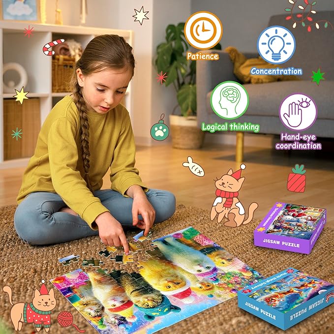 100 Piece Christmas Puzzles for Kids Ages 4-6, 4 Pack Jigsaw Puzzles for Kids Ages 6-8, Christmas Cats Dogs Snowman Sleigh Xmas Gifts for Boys and Girls Learning Educational Holiday Puzzles 5-8 8-10