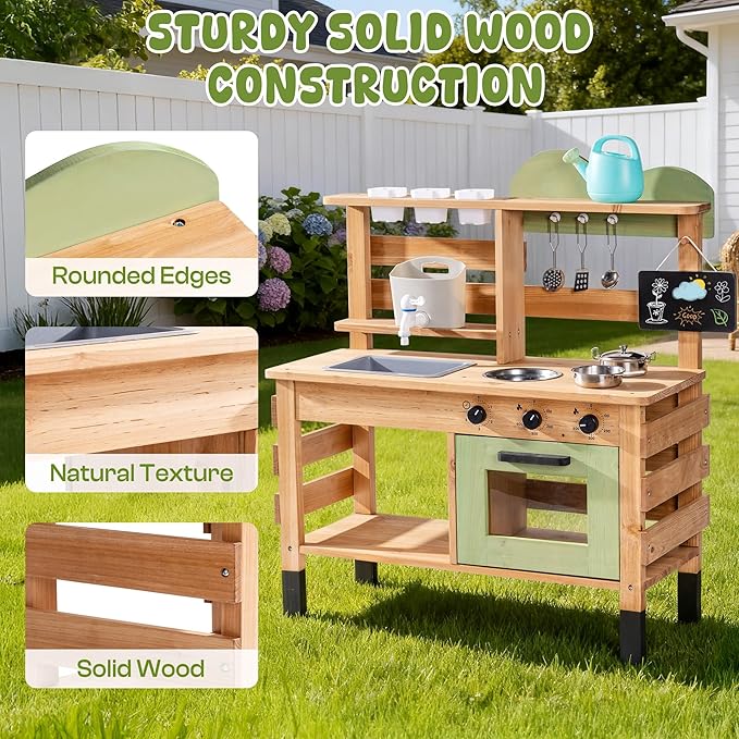 ROBUD Outdoor Play Kitchen for Kids, Wooden Kids Mud Kitchen Set with Removable Sink, Planting Cup, Oven, Chalkboard, Utensils & Storage, Green Outdoor Playset for Ages 3+