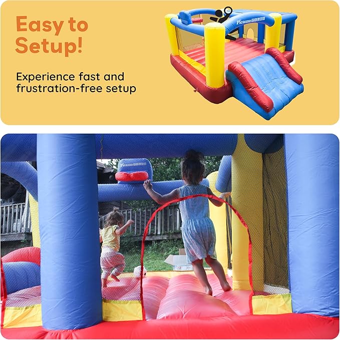 [Upgrade Version] PicassoTiles KC102 12x10 Foot Inflatable Bouncer Jumping Bouncing House, Jump Slide, Dunk Playhouse w/Basketball Rim, 4 Sports Balls, Full-Size Entry, 580W ETL Certified Blower