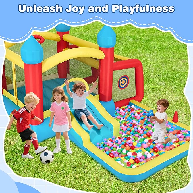 Inflatable Bounce House for Kids 3–6, 6-in-1 Bouncy House with Slide and Blower, Ball Pit, Climbing Wall, Basketball & Soccer Play, Inflatable Castle Gift for Kids Indoor Outdoor Backyard Party Fun