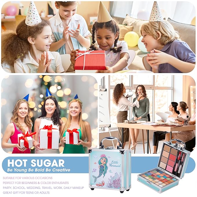 Hot Sugar Girls Makeup Kit Age 4-6 7-8 10-12, Little Girl Makeup Set, Makeup Kit for Teenagers 13-15 Includes Eyeshadow Lip Gloss Blush Highlighter Contour Brush (Blue Mermaid)