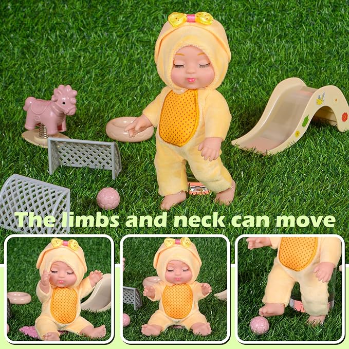 4 Pcs 7 Inch Baby Dolls with Adorable Animal-Themed Outfits - Cute PVC Infant Figurines Set in Yellow Chick, White Bunny, Pink Bunny & Purple Koala Costumes - Gift for Girls 3+