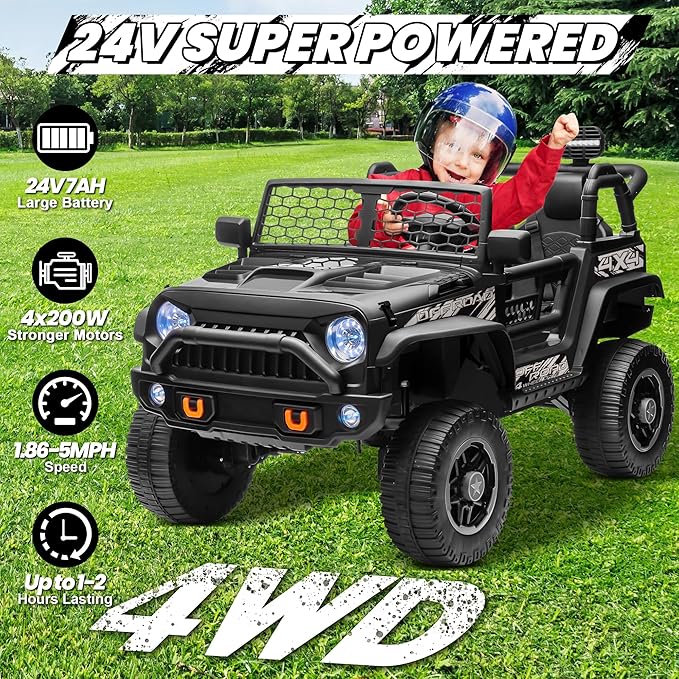 JOYRACER 24V 2 Seater Ride On Toys for Big Kids, 800W Power Truck Wheels with Remote Control, 4WD/2WD Switchable, 20" Spacious Seat, Soft Start, Bluetooth, Electric Car for Kids Ages 3-8, Black