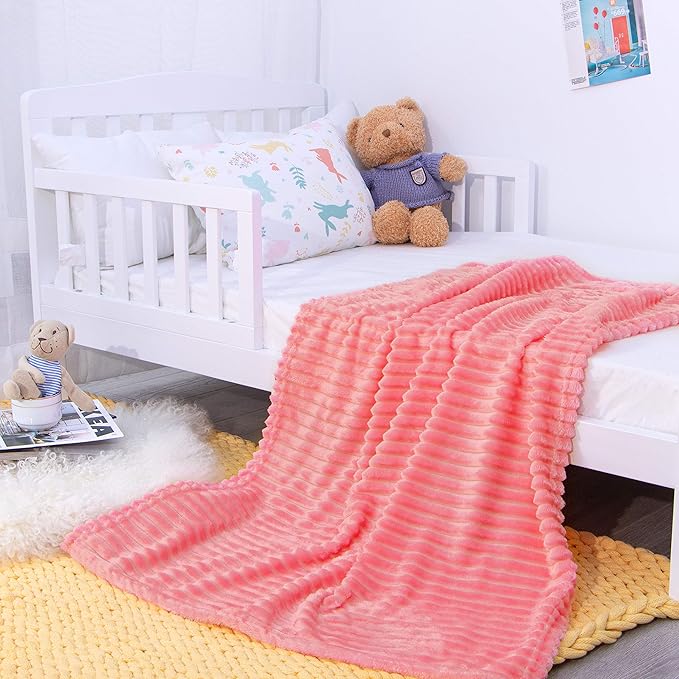 NTBAY Plush Flannel Oversized Baby Blanket, 50X60 Inches Soft and Warm Toddler Blanket with Striped Texture Nursery Bed Blanket for Stroller, Crib, Travel, Baby Gift, 50"x60", Pink