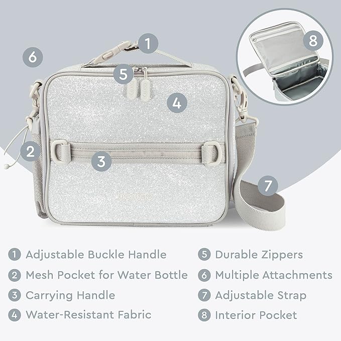 Bentgo Kids Lunch Bag - Double-Insulated, Reusable Lunch Bag for Kids 3+ with Adjustable Strap; Holds Lunch Box/Water Bottle/Snacks; Easy-Clean, Water-Resistant & Pockets (Glitter Edition - Silver)