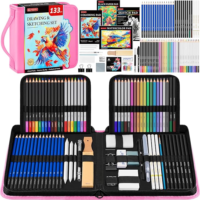 133 Pack Drawing Set Sketching Kit, Pro Art Supplies with Sketch Book, Coloring Book, Watercolor Pad, Black Paper Pad, Graphite Colored Charcoal Watercolor & Metallic Pencils, for Artists Adults Kids