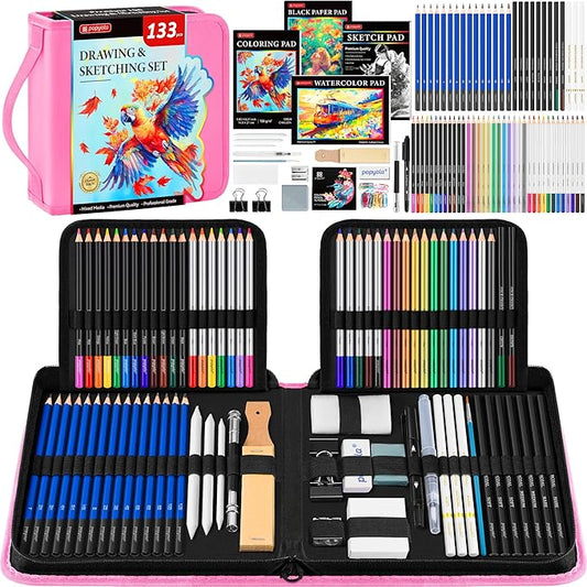 133 Pack Drawing Set Sketching Kit, Pro Art Supplies with Sketch Book, Coloring Book, Watercolor Pad, Black Paper Pad, Graphite Colored Charcoal Watercolor & Metallic Pencils, for Artists Adults Kids