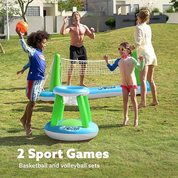 JOYIN Inflatable Volleyball Net & Basketball Hoops Pool Float Set; Balls Included for Kids and Adults, Summer Pool Game, Floaties, Volleyball Court (105”x28”x38”) Basketball (27.6”x23”),Green,Blue